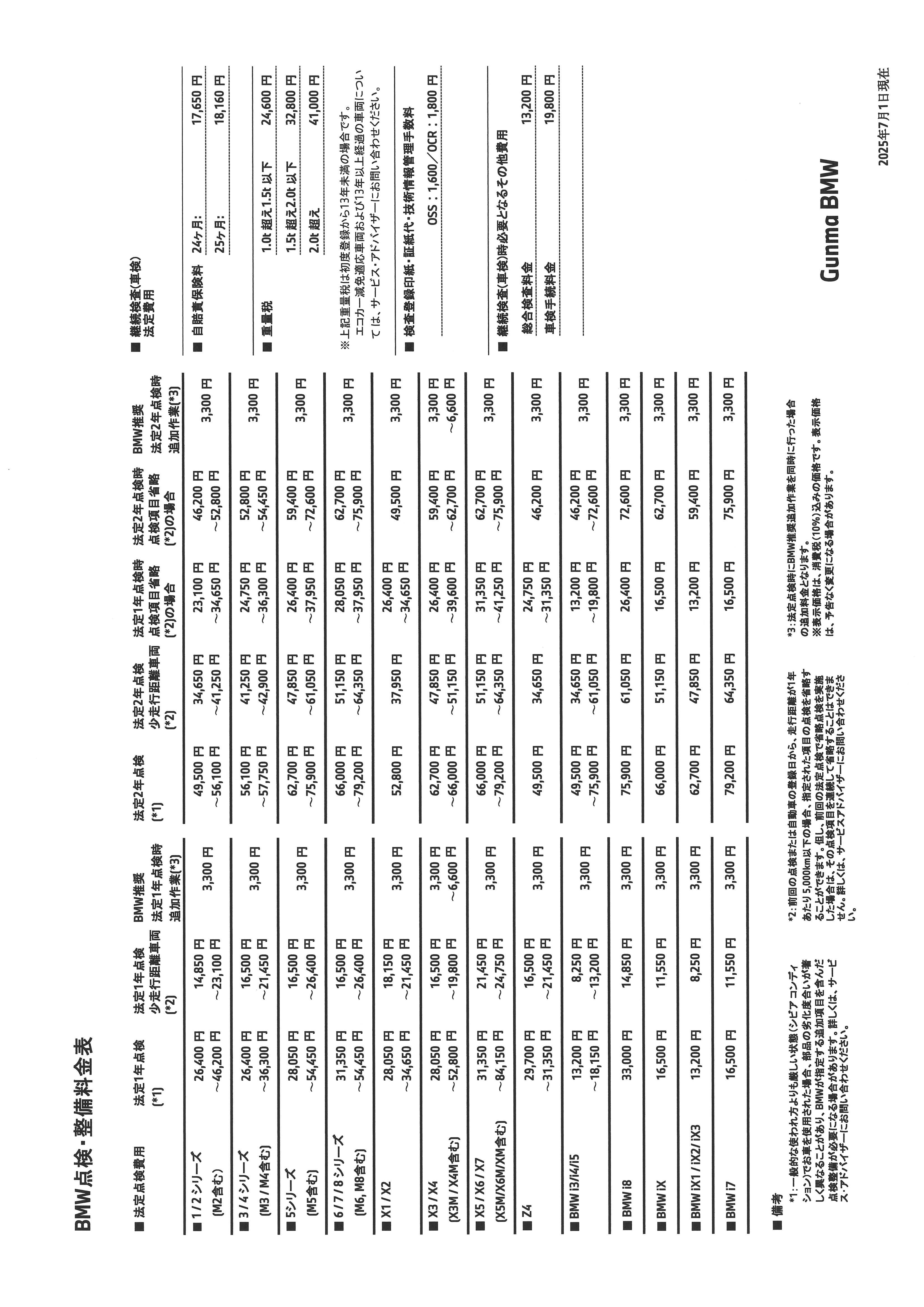 点検整備料金表